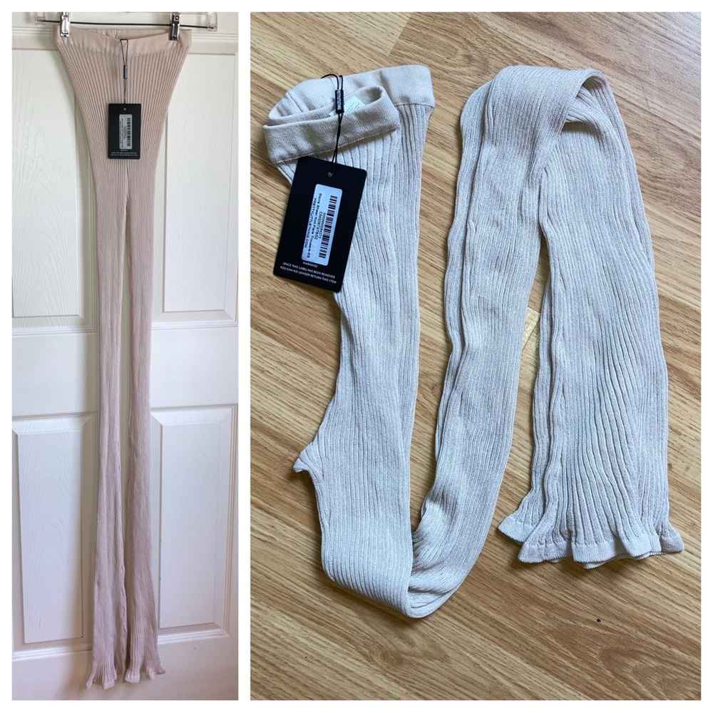 NWT Pretty Little Thing Stone Sheer Knit Flare Pull On Stretch Ribbed Trousers